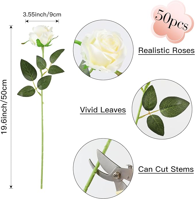 Nubry 50pcs Artificial Silk Roses Bulk,Fake Roses Flower with Stems Realistic Flowers for Wedding Centerpiece Home Party Decor(White)