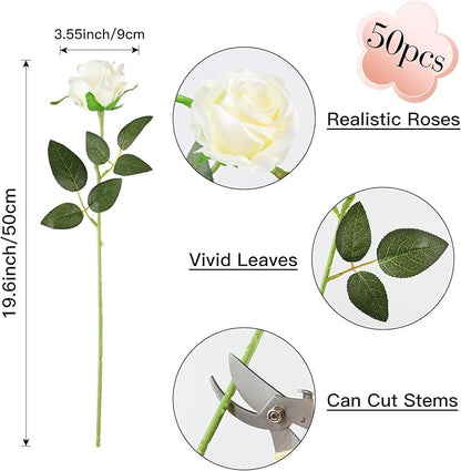 Nubry 50pcs Artificial Silk Roses Bulk,Fake Roses Flower with Stems Realistic Flowers for Wedding Centerpiece Home Party Decor(White)