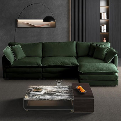 SoarFlash Chenille Sectional Sofa, Comfy L Shaped Modular Coush Sofa with Ottoman, Modern 3 Seat Couch Deep Seat Sofa Set for Living Room,Green