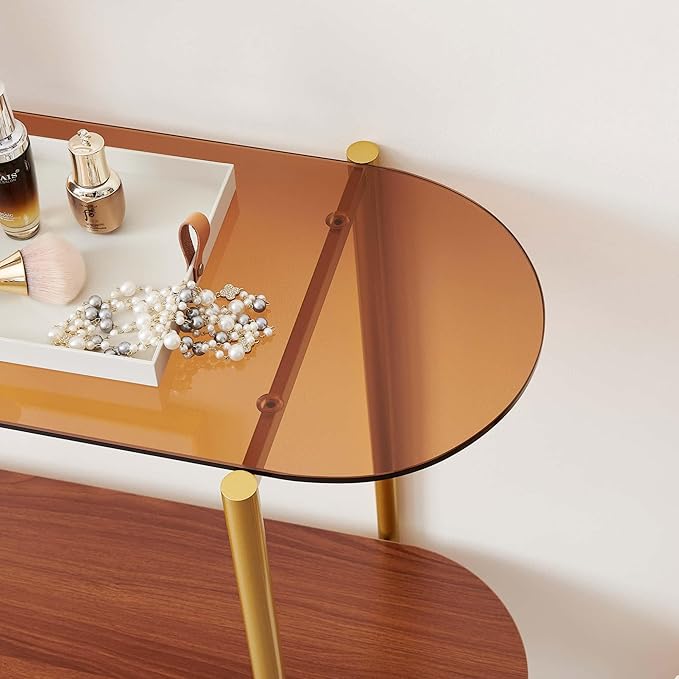 Oval Glass Console Table for Living Room, Foyer & Entrance, 2-Tiers Mid-Century Modern Sofa Table with Amber Glass Top, Walnut Finish Wood Top and Gold Finish Metal Frame