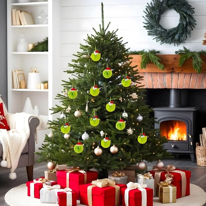 12 Pcs Green Furry Christmas Ball Ornaments,2.4 in Lime Green Plush Ball Hanging Ornaments with Red Santa Hat,Snowman and Leaf,Elf Xmas Hanging Baubles,Soft Faux Fur Pom Pom Ball Decor for Tree