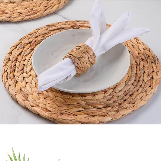 13.8" Set of 10 Round Water Hyacinth Placemats | Boho Woven Rattan Table Mats | Farmhouse Wicker Spring Plate Chargers Like Corn Husk, Seagrass for Wedding, Party, Christmas, Events