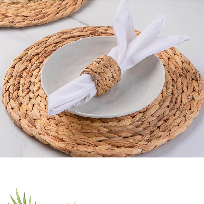 13.8" Set of 4 Round Water Hyacinth Placemats | Boho Woven Rattan Table Mats | Farmhouse Wicker Spring Plate Chargers Like Corn Husk, Seagrass for Wedding, Party, Christmas, Events