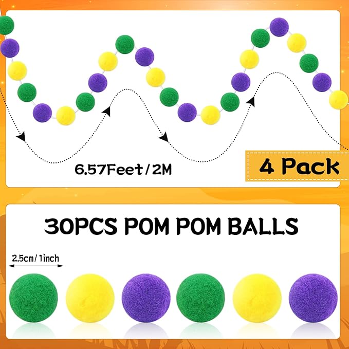 MARFOREVER 4 Pack 26.3 Feet Mardi Gras Decorations Mardi Gras Pom Pom Garland 30 Balls Yellow Green Purple Felt Garland Hanging Supplies for Mardi Gras Carnival Celebration Party Home Outdoor Decor