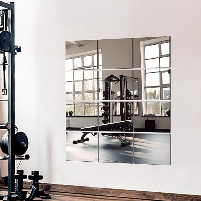 Home Gym Wall Mirror, 14"x12"x12PCS Full Length Home Gym Workout Mirror for Garage, Bedroom, Living Room, Over The Door