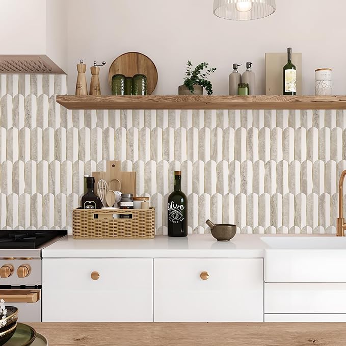 Vamos Tile Peel and Stick Backsplash Seamless Tile,1-Sheet Stick on Backsplash for Kitchen and Bathroom,White and Beige Slate PVC Mixed Metal Gold Self Adhesive Mosaic Tiles