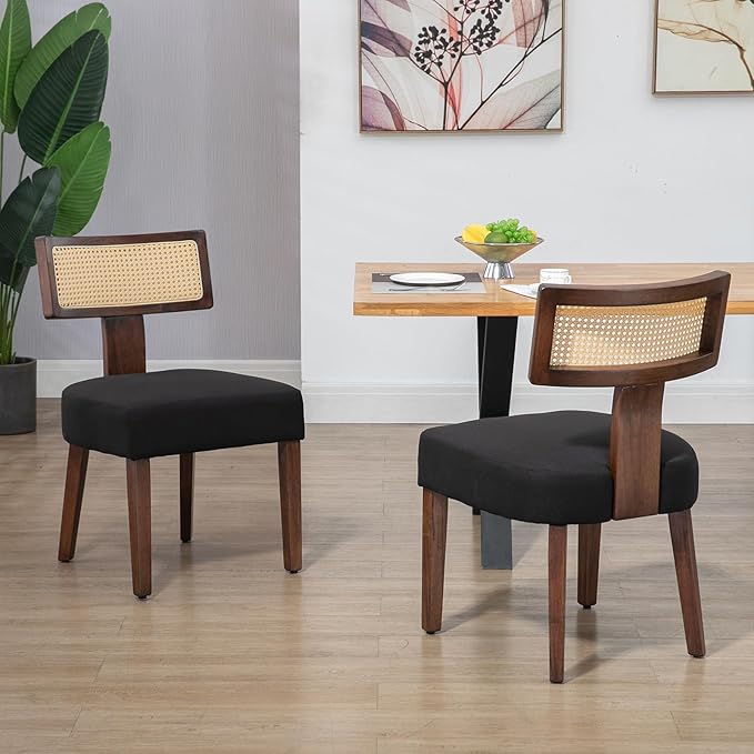 Upholstered Rattan Dining Chairs Set of 6, Mid-Century Modern Fabric Dining Room Chairs with Brown Hardwood Frame, Curved Backrest Kitchen Chairs for Living Room (Black)