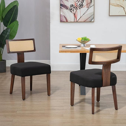 Upholstered Rattan Dining Chairs Set of 6, Mid-Century Modern Fabric Dining Room Chairs with Brown Hardwood Frame, Curved Backrest Kitchen Chairs for Living Room (Black)