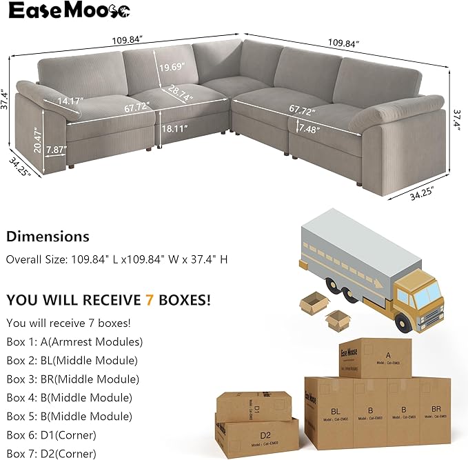 EASE MOOSE Oversized Modular Sectional Sofa, Extra Large L Shape Sectional Cloud Couch,Comfty Deep Seat Wide Modular Sofa for Living Room Removable Cover