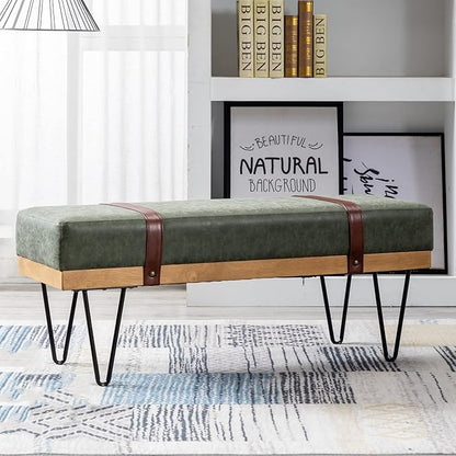 DUOMAY Industrial Modern PU Rectangle Ottoman Bench with PU Strap and Metal Legs, Mid Century Dining Table Bench Footstool Entryway Shoe Bench for Bedroom Dining Room Living Room, Green