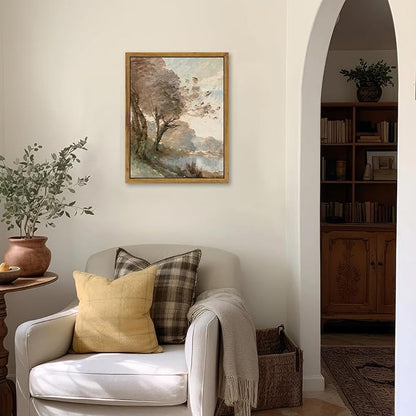 KBKBART Framed Canvas Wall Art Vintage Southwest Decor, Retro Neutral Landscape Riverside Botanical Art Prints Painting, Rustic Farmhouse Wall Decor Ready To Hang for Bedroom, Bathroom, Living Room,