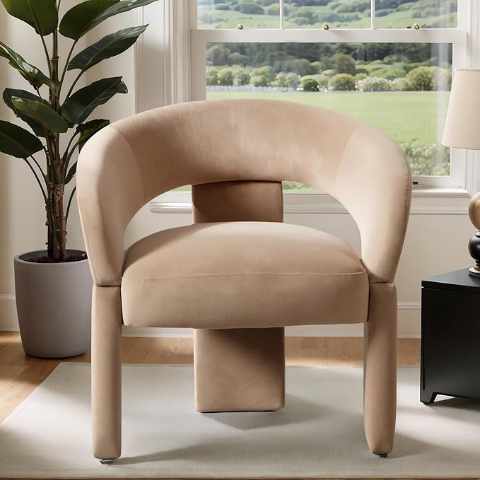 Modern Accent Chair Khaki Velvet Round Barrel Armchair Comfy Upholstered Lounge Chair for Living Room Bedroom Reading Chair Vanity Chair Comfy Office Waiting Room Chairs
