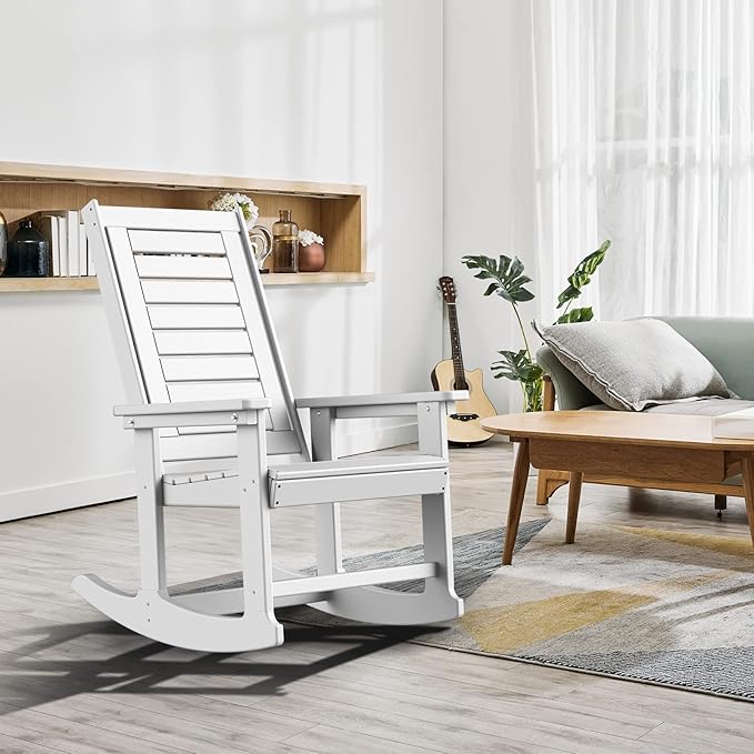 GREENVINES Outdoor Rocking Chairs | Set of 4 | Porch Rocker | HDPE Plastic | White | Oversized Rockers | High Back | Big & Tall | Ladder Back | for Patio Outside Backyard Balcony Garden