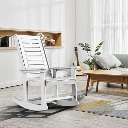 GREENVINES Outdoor Rocking Chairs | Set of 4 | Porch Rocker | HDPE Plastic | White | Oversized Rockers | High Back | Big & Tall | Ladder Back | for Patio Outside Backyard Balcony Garden