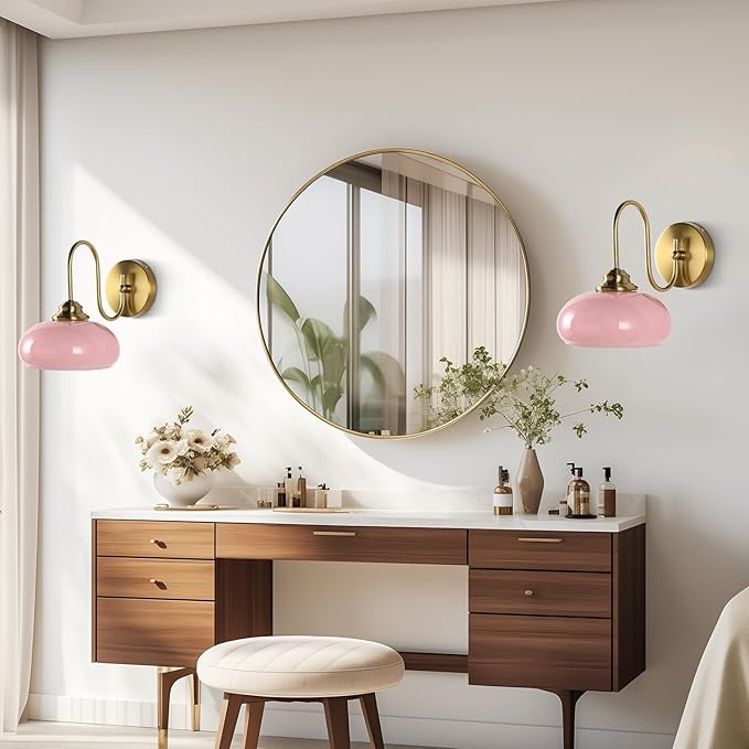 KCO Lighting Pink Wall Sconce Brushed Gold Bathroom Light Fixtures Glass Globe Wall Light Mid Century Modern Wall Sconce Vintage Bathroom Sconces Wall Lighting Set of 2