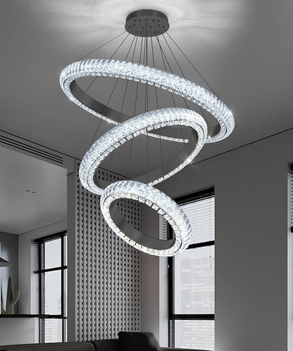 31.5" 3 Ring Crystal Chandelier Modern LED Dimmable Ring Pendant Light Round Chandelier for Dining Room Living Room Black