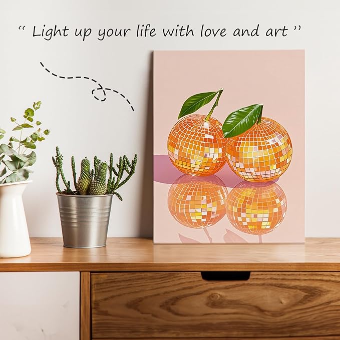 APJYM Funky Y2K Disco Ball Orange Wall Art, Trendy Retro 70s Preppy Pink Girly Orange Aesthetic Canvas Wall Art for Girls Room Bedroom Dorm Apartment Decor, 11x14 Inches Framed