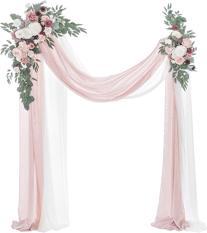 Ling's Moment Pink Mauve Artificial Wedding Arch Flowers Kit Pack of 4, 2pcs Hanging Flower Arrangement 2pcs Chiffon Drapes Spring Ceremony Reception Fake Rose Arbor Backdrop Floral Outdoor Decor