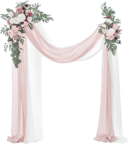 Ling's Moment Pink Mauve Artificial Wedding Arch Flowers Kit Pack of 4, 2pcs Hanging Flower Arrangement 2pcs Chiffon Drapes Spring Ceremony Reception Fake Rose Arbor Backdrop Floral Outdoor Decor
