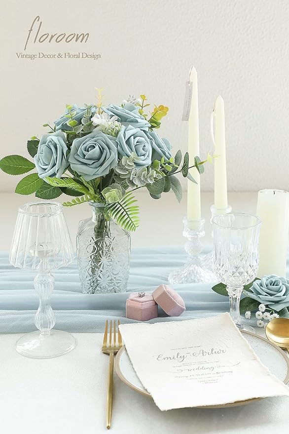 Floroom Artificial Flowers 25pcs Real Looking Dusty Blue Foam Fake Roses with Stems for DIY Wedding Bouquets Bridal Shower Centerpieces Floral Arrangements Party Tables Home Decorations