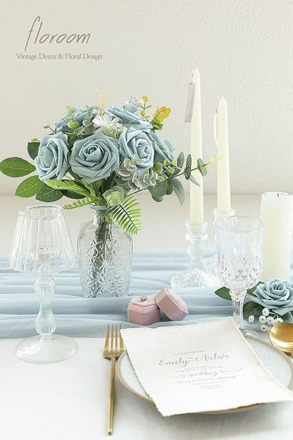 Floroom Artificial Flowers 25pcs Real Looking Dusty Blue Foam Fake Roses with Stems for DIY Wedding Bouquets Bridal Shower Centerpieces Floral Arrangements Party Tables Home Decorations