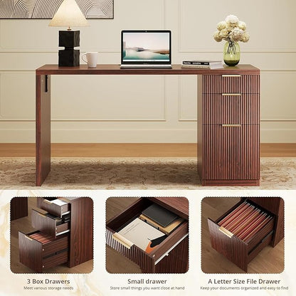 FURSUN 58" Modern Executive Desk with Storage, Home Office Desk with Drawer & Cabinet, Wooden Fluted Desk for Study, Living Room, Bedroom, Dark Walnut