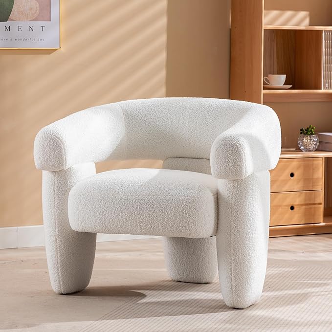 Mid Century Modern Accent Barrel Chair Comfy Upholstered Round Armchair with Montage Design, Sherpa Boucle Lounge Chair for Living Room Bedroom Apartment, Cream White