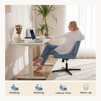 DUMOS Desk Chair No Wheels, Criss Cross Chair Wide Cross Legged Desk Vanity Comfy Chair, Armless Adjustable Swivel Chairs for Home Computer Task Blue