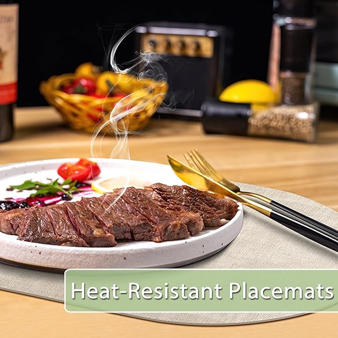 Placemats for Dining Table Set of 8 Non-Slip, Heat Resistant Oval Leather Placemat Double Layer, Waterproof Table Mats Easy to Clean for Kitchen Dining Room Coffee Office Table, Beige