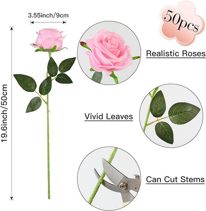 Nubry 50pcs Artificial Silk Roses Bulk,Fake Roses Flower with Stems Realistic Flowers for Wedding Centerpiece Home Party Decor(Pink)