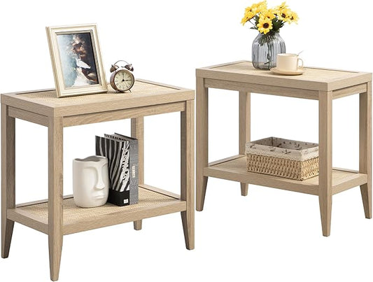 SICOTAS Rattan Nightstands Set of 2 Boho Bedside Tables Narrow End Table Side Table, Light Oak