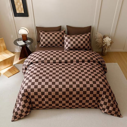 CLOTHKNOW Brown Plaid California King Comforter Set 3Pcs Grid Bedding Comforter Sets Checkered Comforter Soft Geometric Comforter with 2 x Pillow Cases