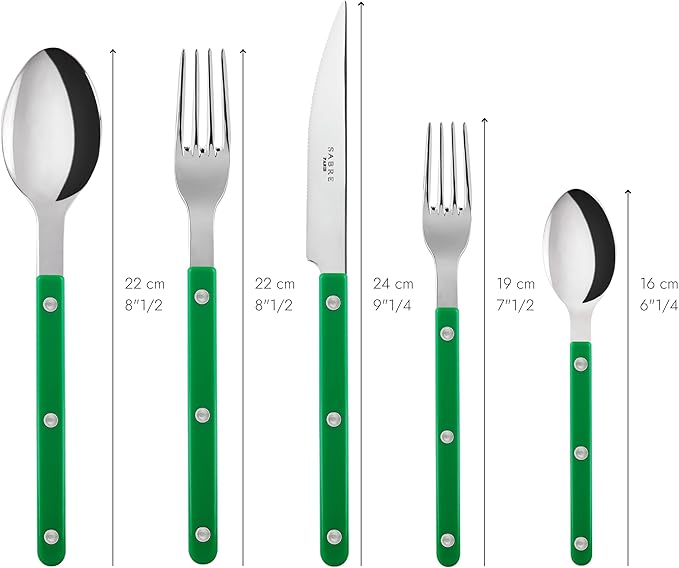 5-Piece Flatware Set - Bistrot Collection - Knife, Fork, Soup Spoon, Teaspoon & Dessert Fork - Stainless Steel & Nylon - Dishwasher Safe - Garden Green - Brilliant Finish