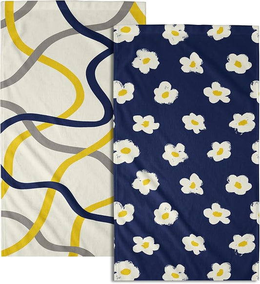 Modern Kitchen Towels Set of 2 Navy Yellow Grey Geometric Stripe Microfiber