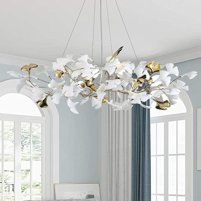 48 Inch Modern Chandelier for Dining Room, Gold Tree Branch Chandeliers with Ceramic Ginkgo Leaves, Leaf Chandeliers, 6-Light Hanging Pendant Light Fixture for Living Room, Kitchen Island