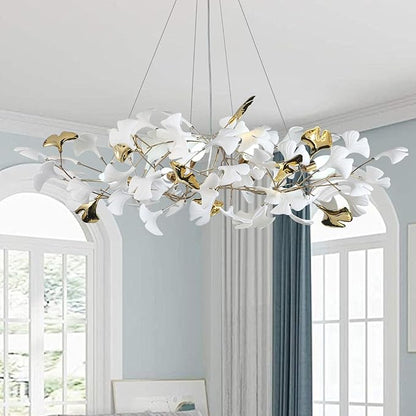 48 Inch Modern Chandelier for Dining Room, Gold Tree Branch Chandeliers with Ceramic Ginkgo Leaves, Leaf Chandeliers, 6-Light Hanging Pendant Light Fixture for Living Room, Kitchen Island
