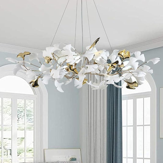 48 Inch Modern Chandelier for Dining Room, Gold Tree Branch Chandeliers with Ceramic Ginkgo Leaves, Leaf Chandeliers, 6-Light Hanging Pendant Light Fixture for Living Room, Kitchen Island