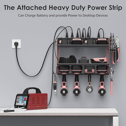 CCCEI Modular Power Tool Organizer Wall Mount with Charging Station. Garage 4 Drill Storage Shelf with Hooks, Drill Bit Heavy Duty Rack, Pink Tool Battery Holder Built in 8 Outlet Power Strip.
