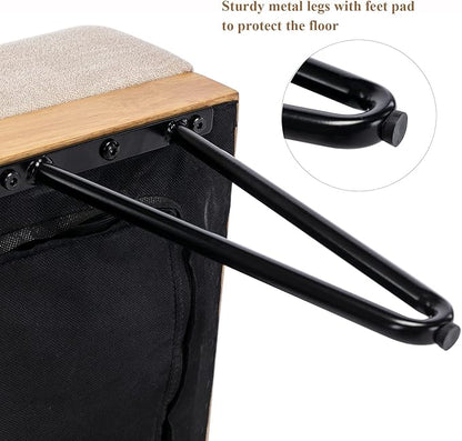 DUOMAY Industrial Modern Linen Rectangle Ottoman Bench with PU Strap and Metal Legs, Mid Century Dining Table Bench Footstool Entryway Shoe Bench for Bedroom Dining Room Living Room, Beige