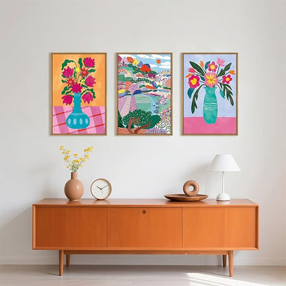 HOURIA Colorful Flower Field Landscape Framed Canvas Wall Art Set,Abstract Pink Floral Wall Decor,Natural Botanical Tree Artwork,Modern Sunrise Art Prints for Living Room,Farmhouse-24 x36 x3