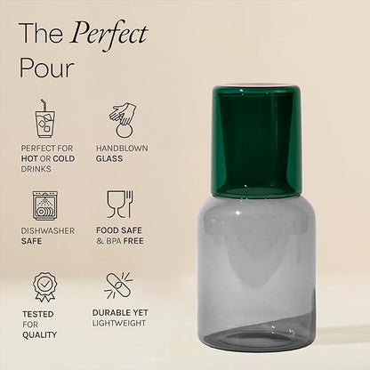 Glass Carafe and Cup Set | BPA Free, Dishwasher Safe, Durable & Lightweight | Ideal for Cold & Hot Beverages - Charcoal Gray & Pine