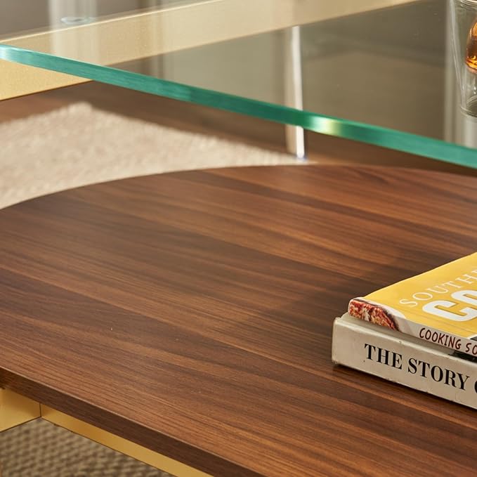 Saint Mossi Oval Glass Coffee Table for Small Living Room, Double Layer Glass and Wood Center Table, Clear Glass & Coffee Brown MDF Bottom Shelf, 41”x21 x17, Gold Table Legs