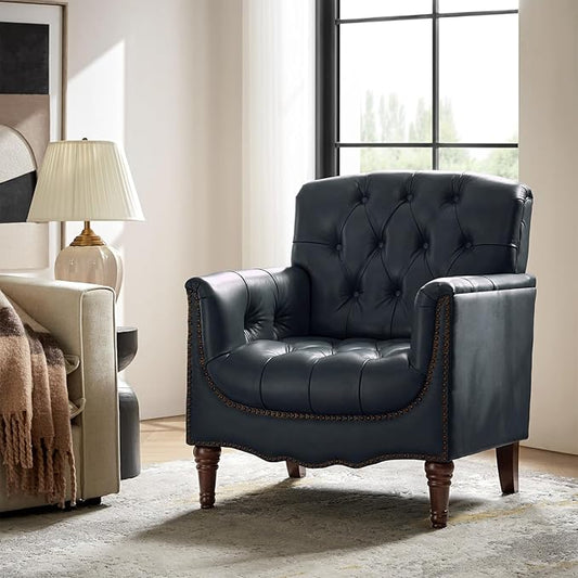 HULALA HOME Mid Century Modern Leather Club Chairs, Top-Grain Genuine Leather Armchairs with Button-Tufted Back & Solid Wood Legs, Accent Chairs for Living Room/Bedroom/Home Office, Navy