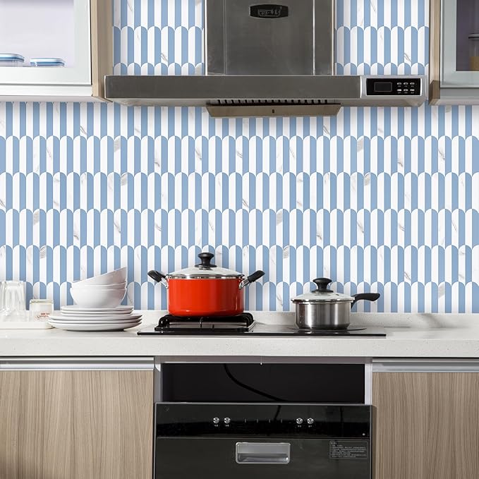 Vamos Tile Peel and Stick Backsplash Seamless Tile,10-Sheets Stick on Backsplash for Kitchen and Bathroom,Light Blue and Statury White PVC Self Adhesive Mosaic Tiles