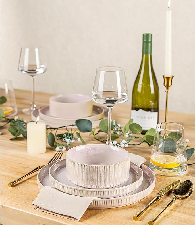 TheTerra Ceramic Dinnerware Sets for 6, 18 Pieces Porcelain Lightweight Speckled Plates and Bowls Sets, Scratch Resistant Dish Set, Oven & Microwave & Dishwasher Safe, Primrose Pink