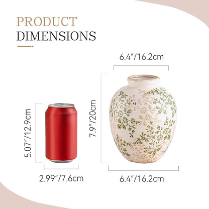 Ceramic Rustic Vase, Green and Beige Flower Vintage Decorative Vase Chinoiserie Decor Rustic Farmhouse Retro Floral Vases for Table Bookshelf Mantel Kitchen Living Room Office- 7.8inch