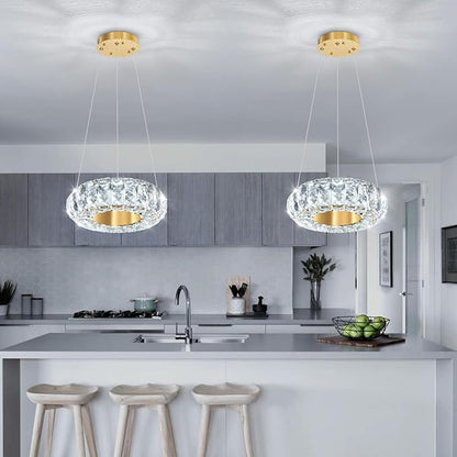 8" Ring Modern LED Dimmable Crystal Chandelier Adjustable Height Pendant Light Round Crystal Chandelier Light Fixtures for Dining Room Living Room Kitchen Island Gold
