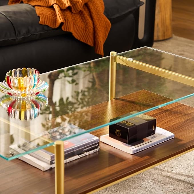 AGV LIGHTING Tadio Glass Coffee Table, Mid-Century Modern Coffee Table for Living Room, Gold Finish Leg, Clear Glass Top & Walnut Brown Wood Shelf, 41 in Length