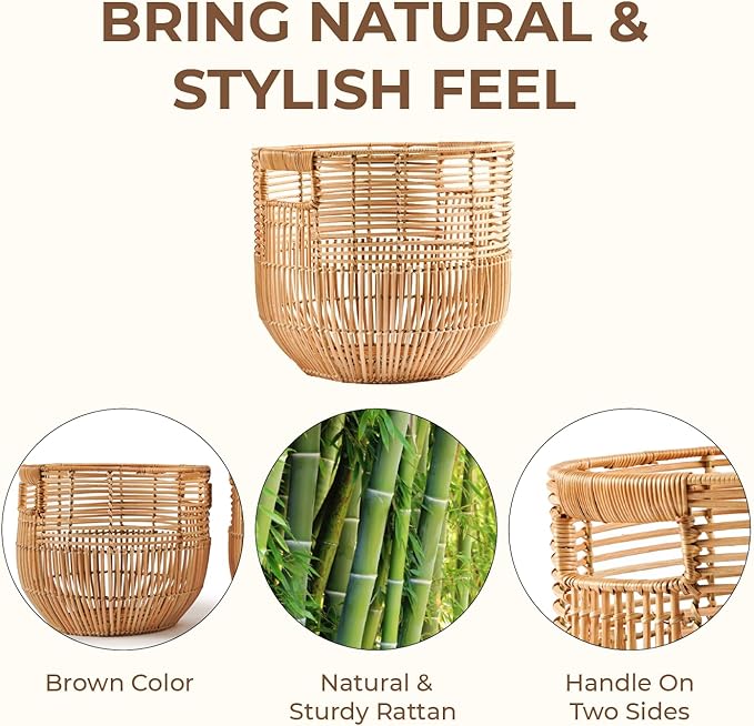 Set Of 2 Large Woven Blanket Baskets With Handles | Round Wicker Rattan Storage Floor Baskets for Shoe In Living Room | Extra Big Boho Rattan Laundry For Pillow, Blanket