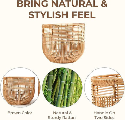 Set Of 2 Large Woven Blanket Baskets With Handles | Round Wicker Rattan Storage Floor Baskets for Shoe In Living Room | Extra Big Boho Rattan Laundry For Pillow, Blanket